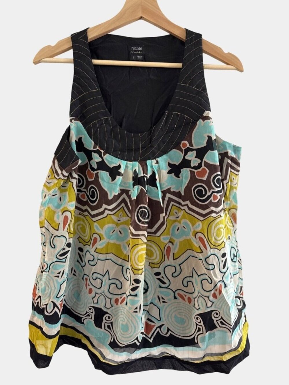 Nicole By Nicole Miller Womens Sleeveless Multicolor Patterned Top With Black Ac